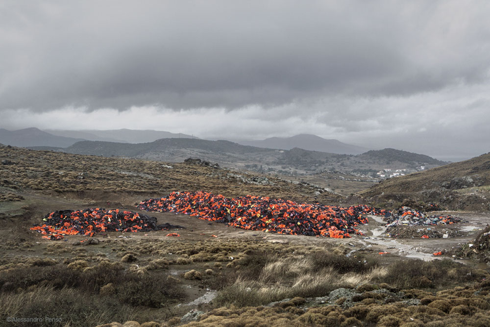 Molyvos, Lesvos, Oct. 23, 2015. A garbage dump near the town of Molyvos with thousands of discarded life jackets, used by refugees and migrants during their journey to Europe.