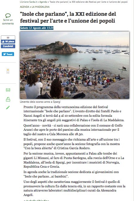 L’Unionesarda.it del 12 agosto 2017: “Isole che parlano”, la XXI edizione del festival per l’arte e l’unione dei popoli