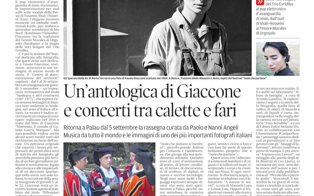 La Nuova Sardegna 24 agosto 2019: Un’antologica di Giaccone e concerti tra calette e fari