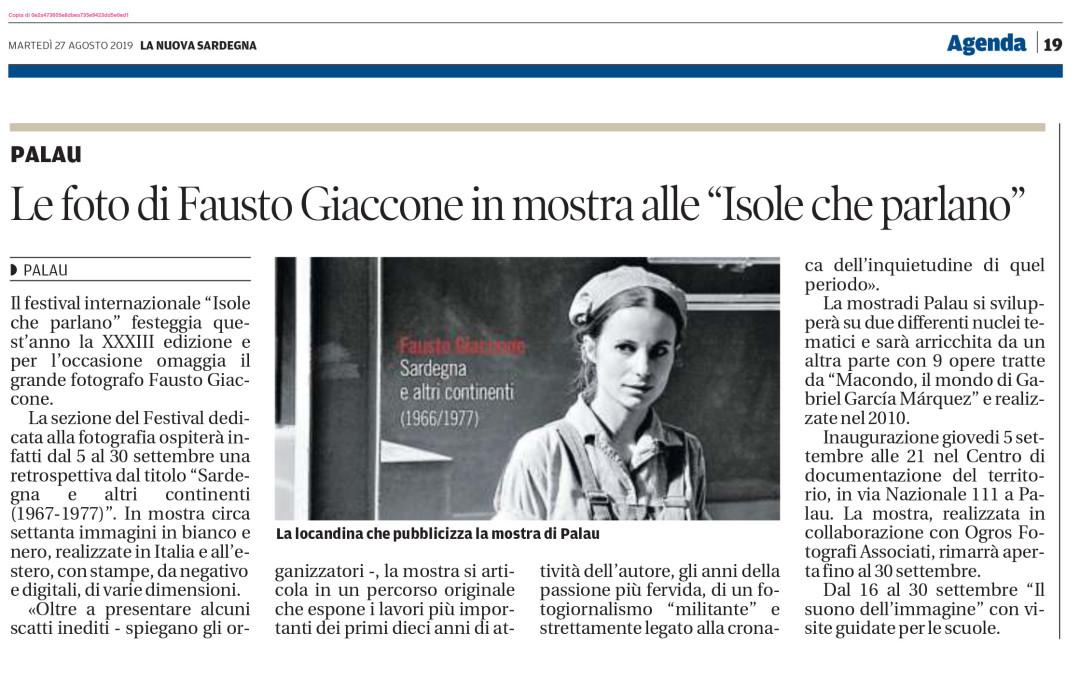 La Nuova Sardegna 27 agosto 2019 – Agenda: Le foto di Fausto Giaccone in mostra alle “Isole che parlano”
