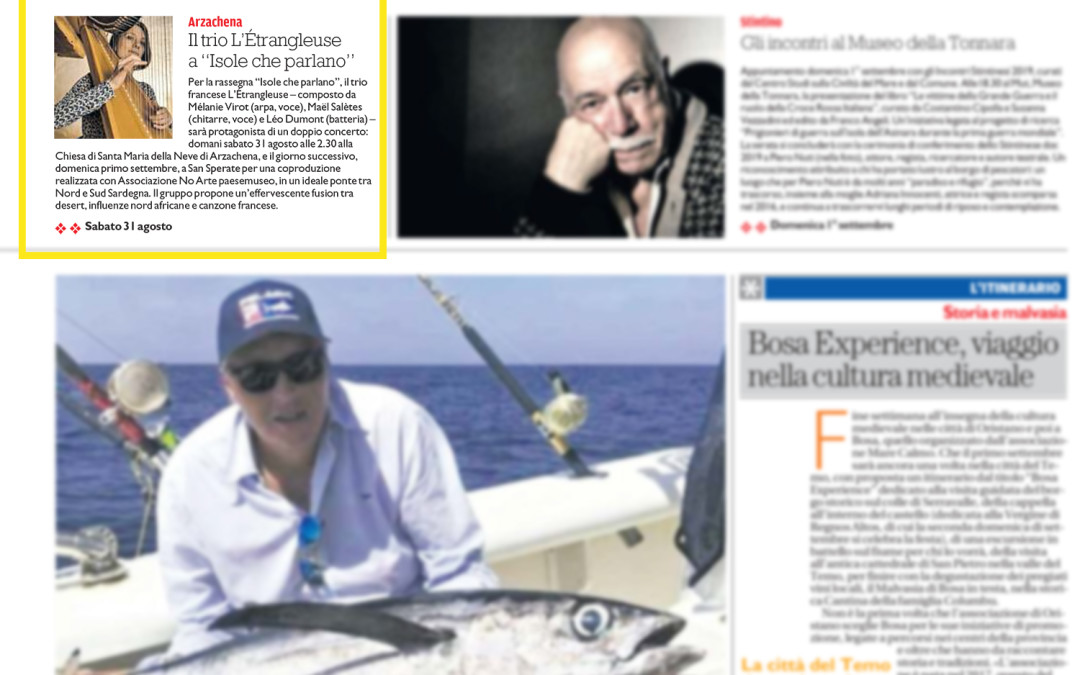 La Nuova Sardegna 30 agosto 2019 – lamiaisolaestate: Arzachena, Il Trio L’Ètrangleuse a “isole che parlano”