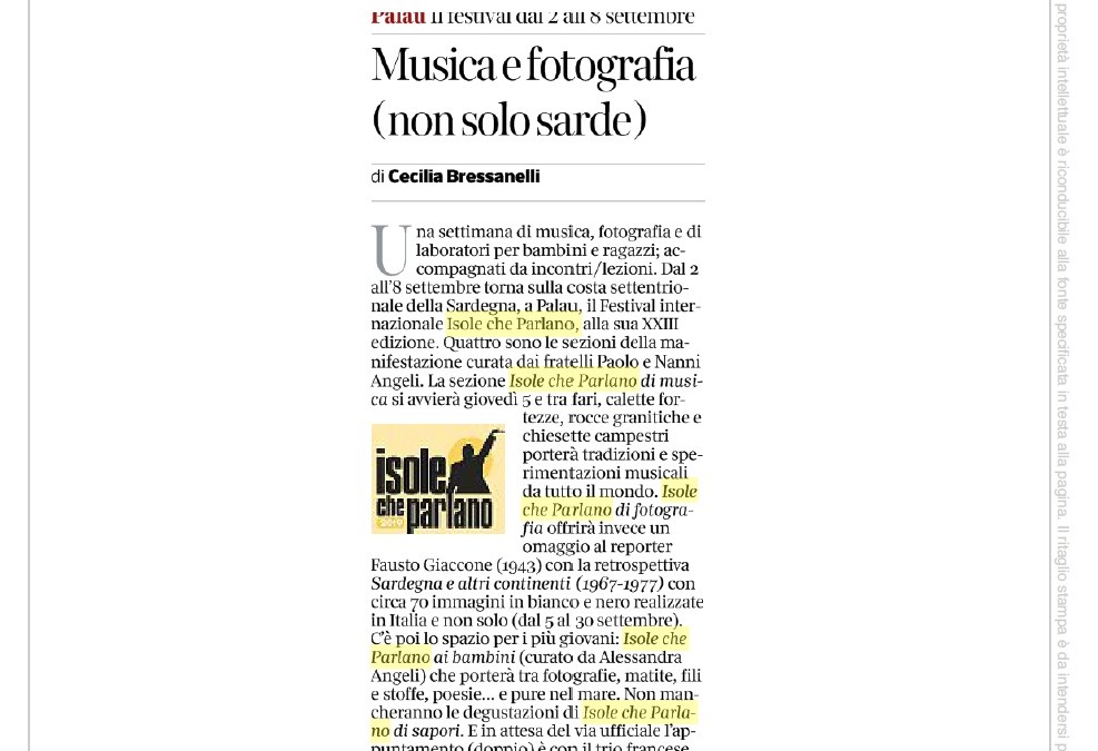 Il Corriere della Sera 22 agosto 2019: Palau il Festival dal 2 al 8 settembre