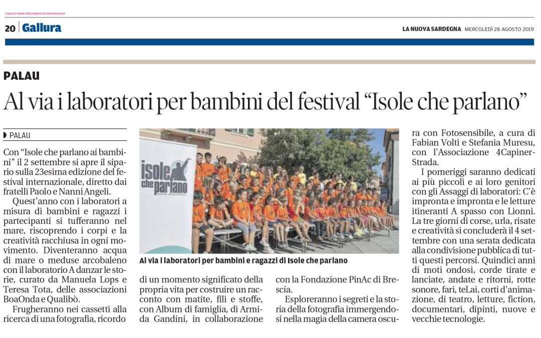 La Nuova Sardegna 28 agosto 2019: Al via i laboratori per bambini del festival “Isole che parlano”