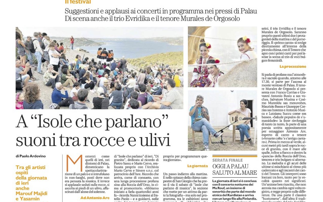 La Nuova Sardegna 08 settembre 2019: A “Isole che Parlano” suoni tra rocce e ulivi