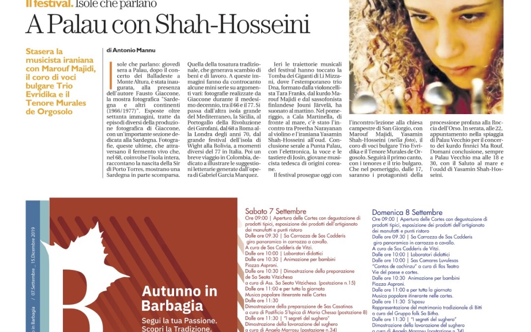 La Nuova Sardegna 07 settembre 2019: Il festival. Isole che parlano – A Palau con Shah-Hosseini