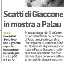 Unione Sarda 05 settembre 2019: Scatti di Giaccone in mostra a Palau