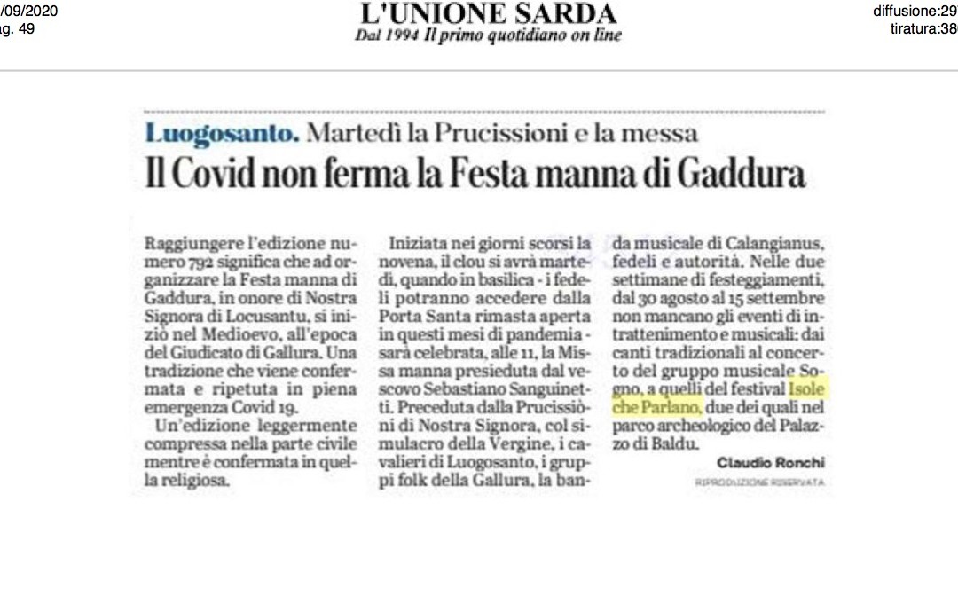 L’Unione Sarda 6 settembre 2020: Luogosanto. Il covid non ferma la Festa Manna di Gaddura