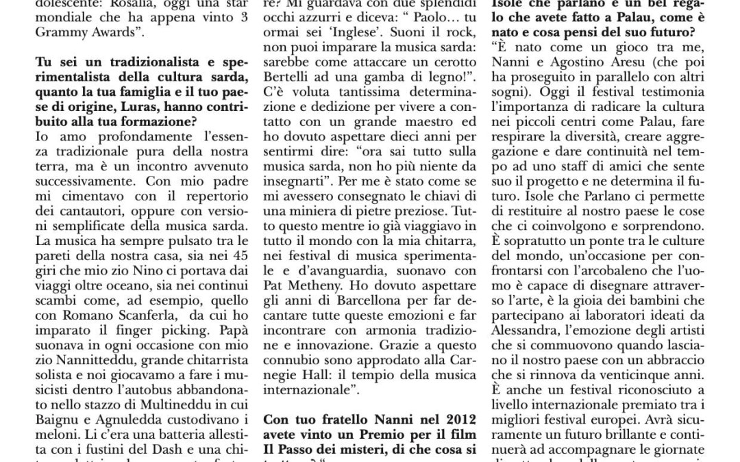 Dicembre 2020 “LA MUSICA PER COMUNICARE CON IL MONDO” Inserto mensile della Parrocchia di Palau – Intervista di Marilena Bruschi a Paolo Angeli.