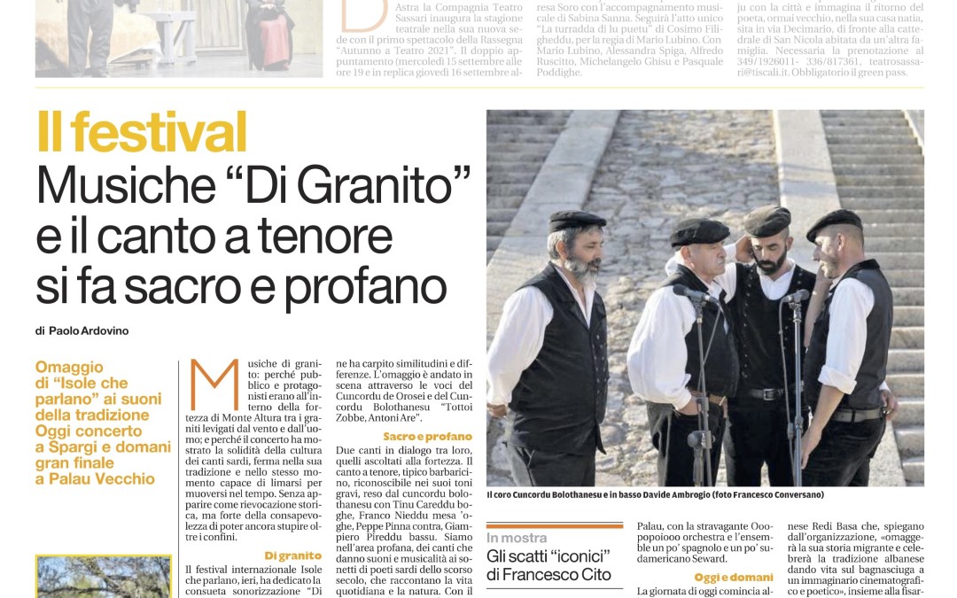 La Nuova Sardegna – 12 settembre 2021: Il Festival. Musiche “Di Granito” e gli scatti “iconici” di Francesco Cito